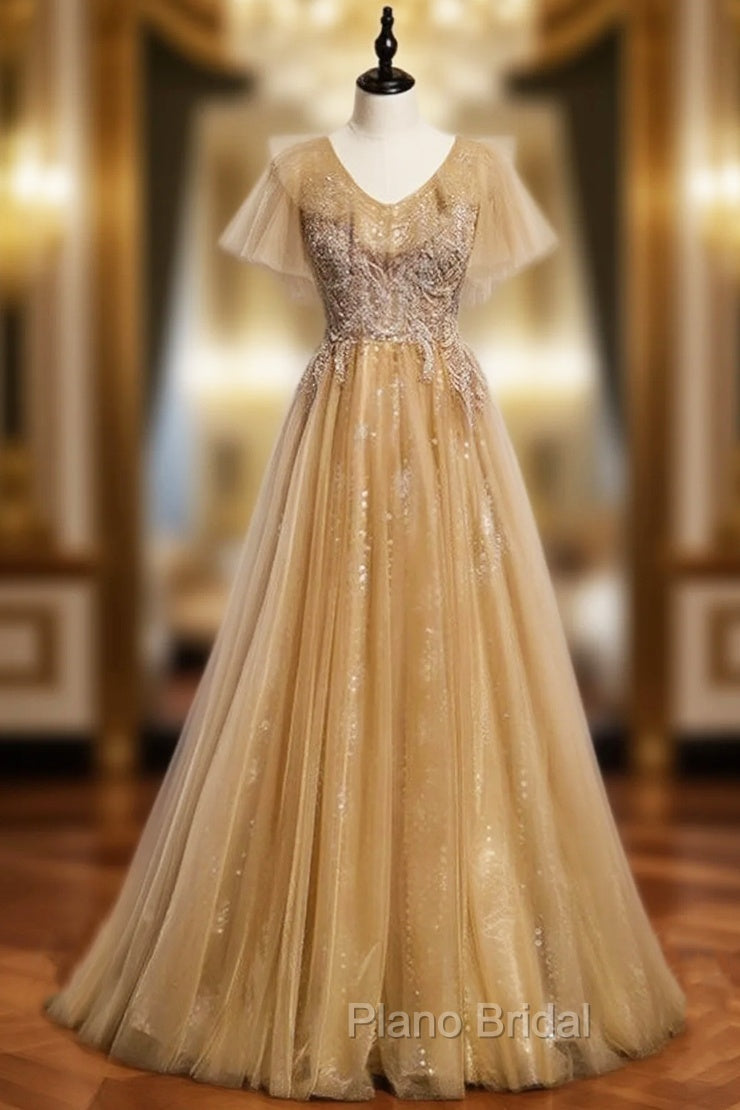 Champagne Tulle V-neck Short Sleeve Beading Formal Prom Dresses Main image