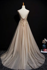 Champagne Tulle V-Neckline Long Lace Formal Prom Dresses, A-Line Formal Gown Party Dresses