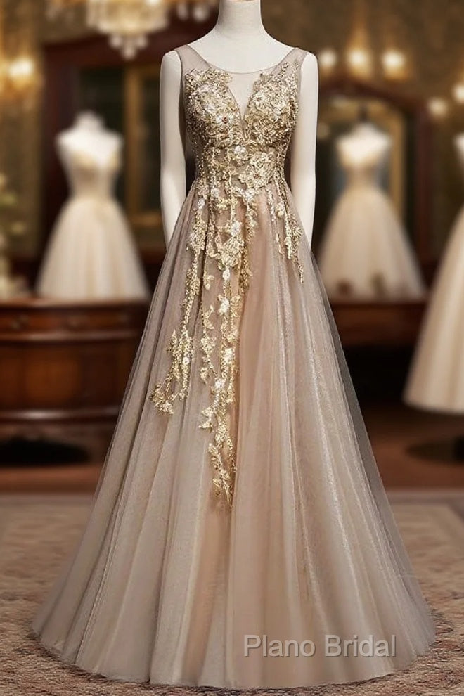 Champagne Tulle V-Neckline Long Lace Formal Prom Dresses, A-Line Formal Gown Party Dresses Main image