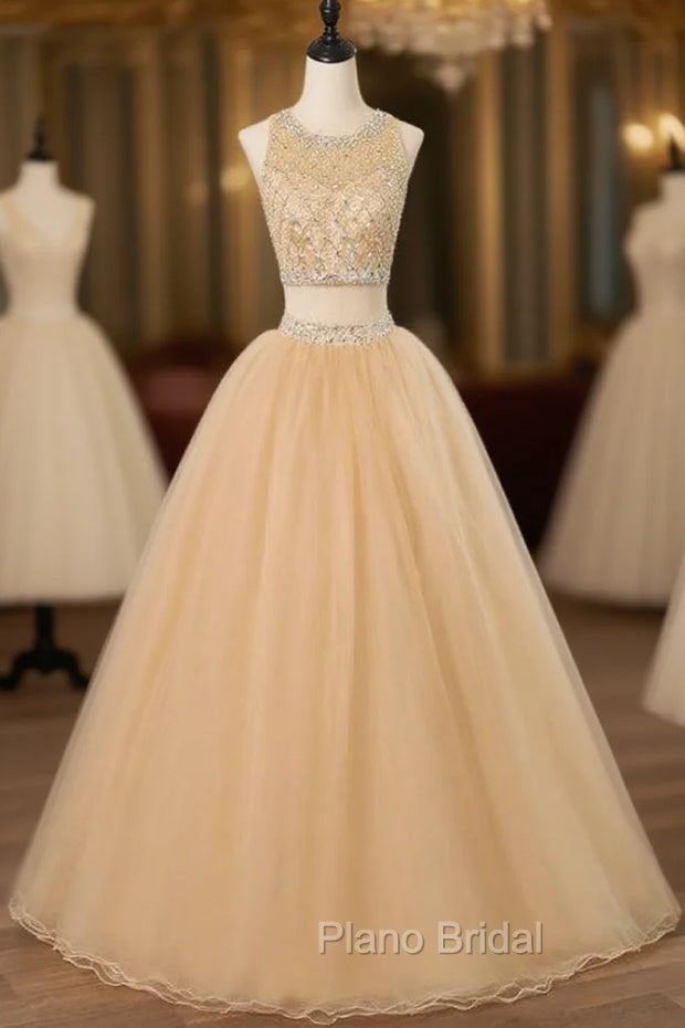 Champagne Two Piece O-neck Sparkling Beaded Crystals Tulle Sweet 16 Dresses Main image