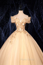 Champagne V-Neck Lace Long Ball Gown, Off the Shoulder Formal Evening Dresses