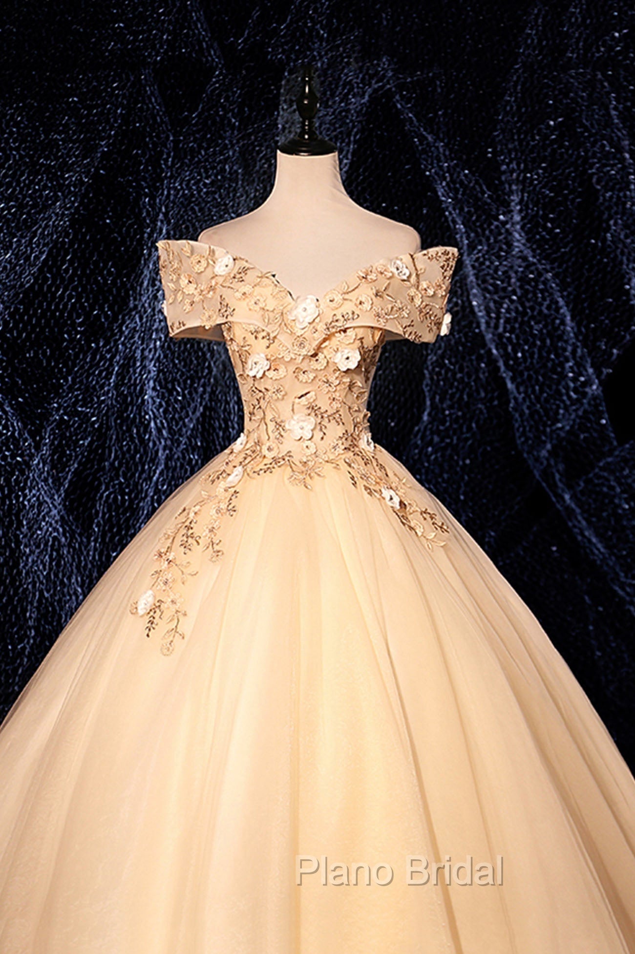 Champagne V-Neck Lace Long Ball Gown, Off the Shoulder Formal Evening Dresses