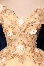 Champagne V-Neck Lace Long Ball Gown, Off the Shoulder Formal Evening Dresses