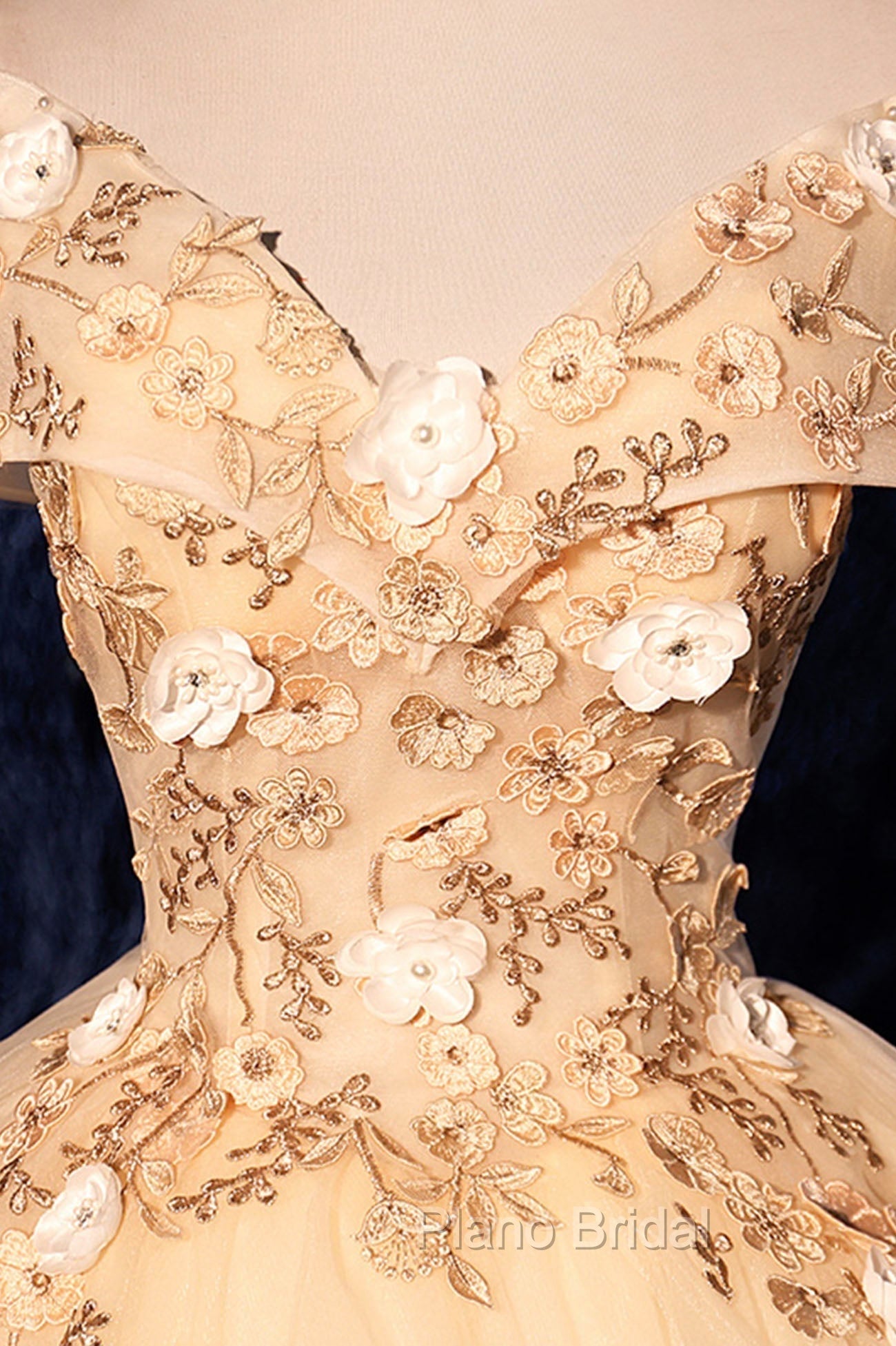 Champagne V-Neck Lace Long Ball Gown, Off the Shoulder Formal Evening Dresses