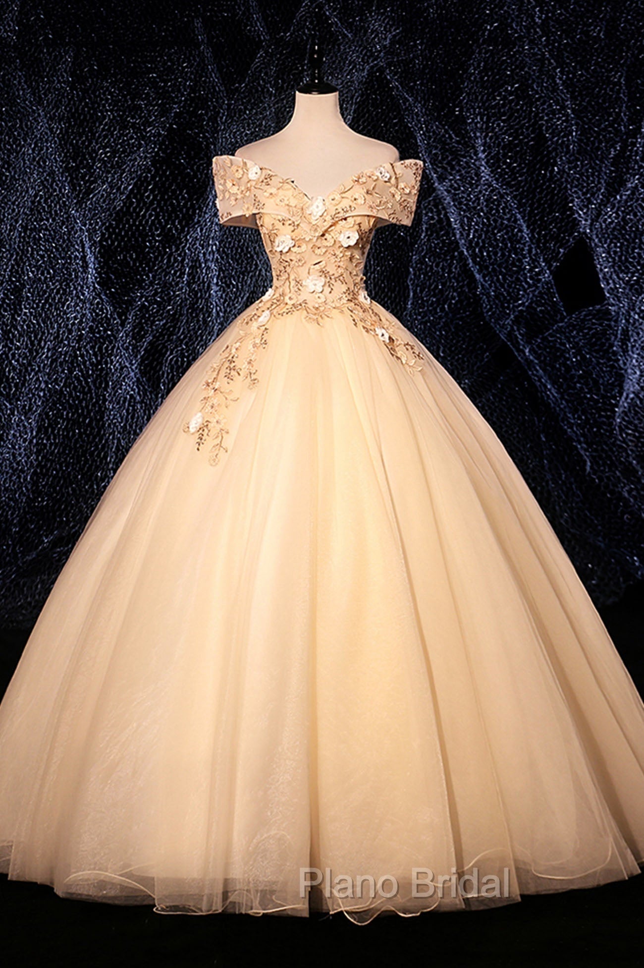 Champagne V-Neck Lace Long Ball Gown, Off the Shoulder Formal Evening Dresses Main image