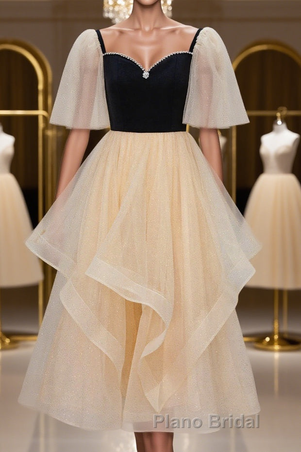 Champagne V Neck Tea Length Formal Prom Dresses, Tea-Length Formal Graduation Dresses Main image