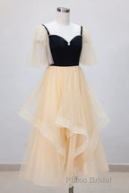 Champagne V Neck Tea Length Formal Prom Dresses, Tea-Length Formal Graduation Dresses