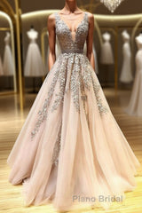 Champagne v neck tulle lace beads long Formal Prom dress tulle formal dress