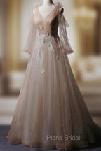 Champagne V Neck Tulle Lace Long Formal Prom Dresses, Champagne Formal Evening Dresses