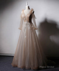 Champagne V Neck Tulle Lace Long Prom Dress, Champagne Formal Evening Dress