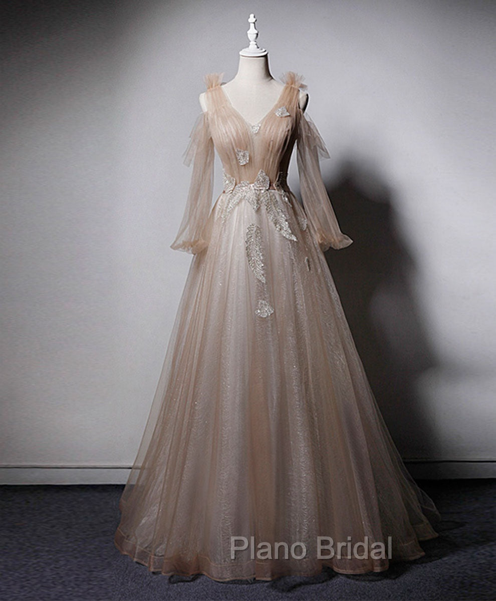 Champagne V Neck Tulle Lace Long Formal Prom Dresses, Champagne Formal Evening Dresses Main image