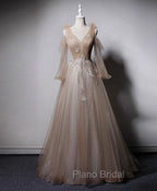 Champagne V Neck Tulle Lace Long Formal Prom Dresses, Champagne Formal Evening Dresses