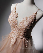 Champagne V Neck Tulle Lace Long Formal Prom Dresses, Champagne Graduation Dresses