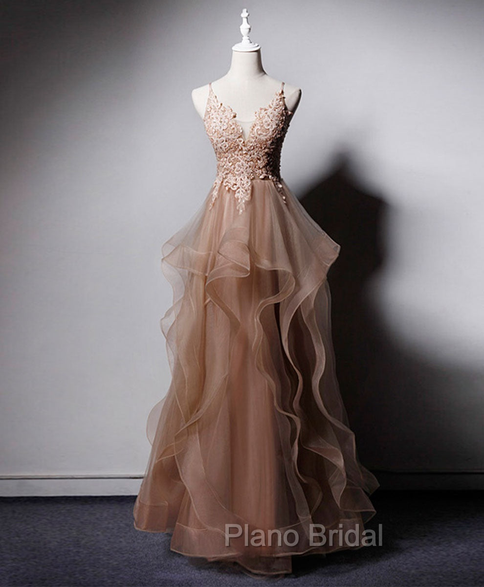 Champagne V Neck Tulle Lace Long Formal Prom Dresses, Champagne Graduation Dresses Main image