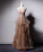Champagne V Neck Tulle Lace Long Formal Prom Dresses, Champagne Graduation Dresses