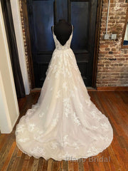 Champagne v neck tulle lace long Formal Prom dress, champagne lace evening dress