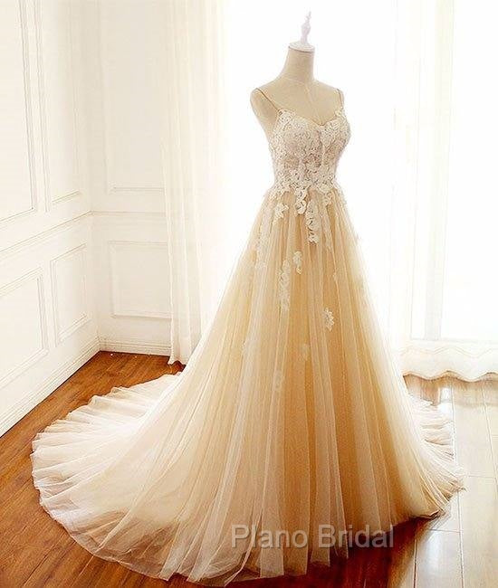 Champagne V Neck Tulle Lace Long Formal Prom Dresses, Champagne Tulle Evening Dresses Secondary image