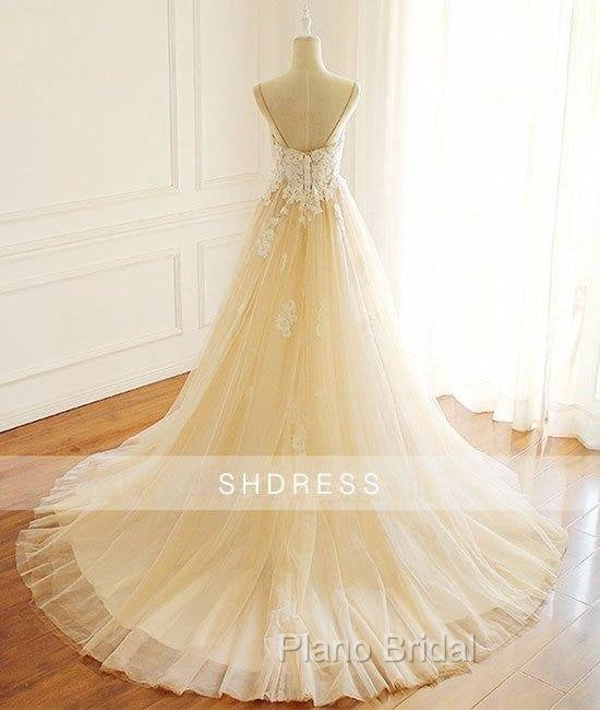 Champagne V Neck Tulle Lace Long Formal Prom Dresses, Champagne Tulle Evening Dresses