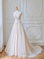 Champagne V Neck Tulle Lace Long Formal Prom Dresses Evening Dresses A Line Sleeveless Formal Dresses