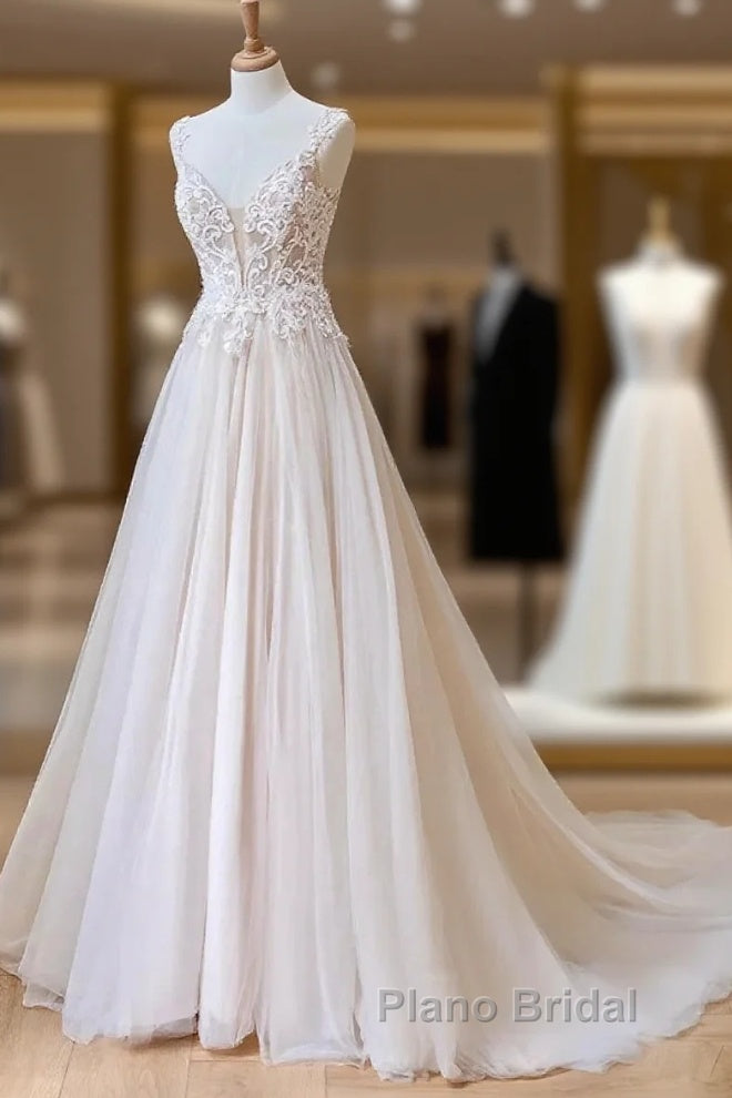 Champagne V Neck Tulle Lace Long Formal Prom Dresses Evening Dresses A Line Sleeveless Formal Dresses Main image