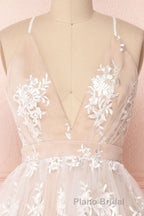 Champagne v neck tulle lace short Formal Prom dress champagne tulle bridesmaid dress