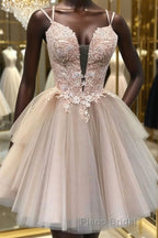 Champagne v neck tulle lace short Formal Prom dress lace homecoming dress