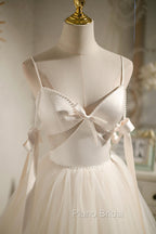 Champagne V-Neck Tulle Short Formal Prom Dresses, Spaghetti Straps Party Dresses with Bow