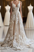 Champagne Vintage A-Line Spaghetti Strap Lace Tulle Long Formal Prom Dresses Wedding Dresses