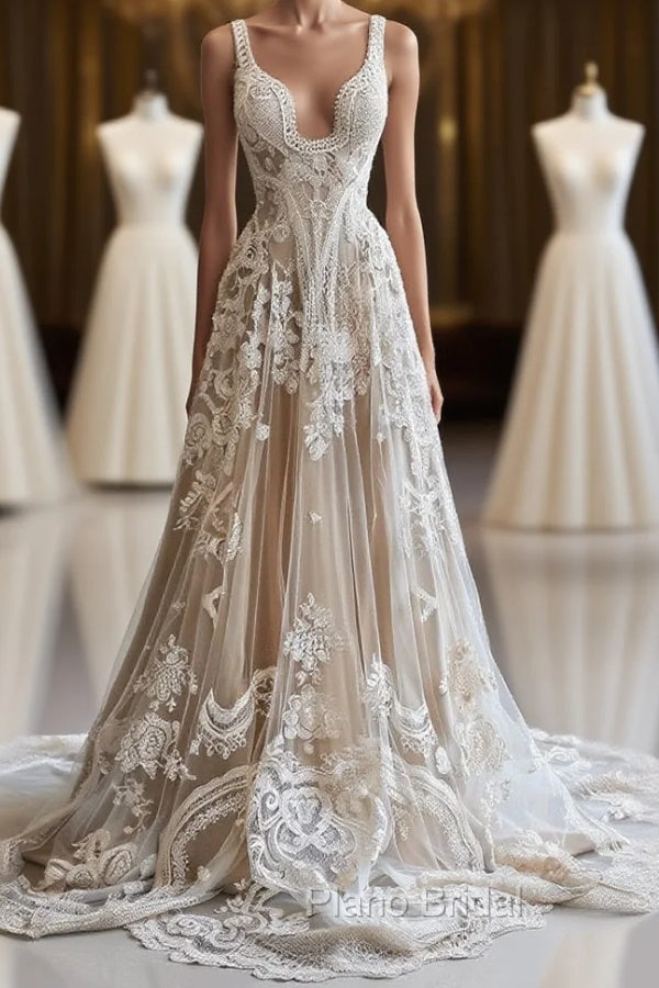 Champagne Vintage A-Line Spaghetti Strap Lace Tulle Long Formal Prom Dresses Wedding Dresses