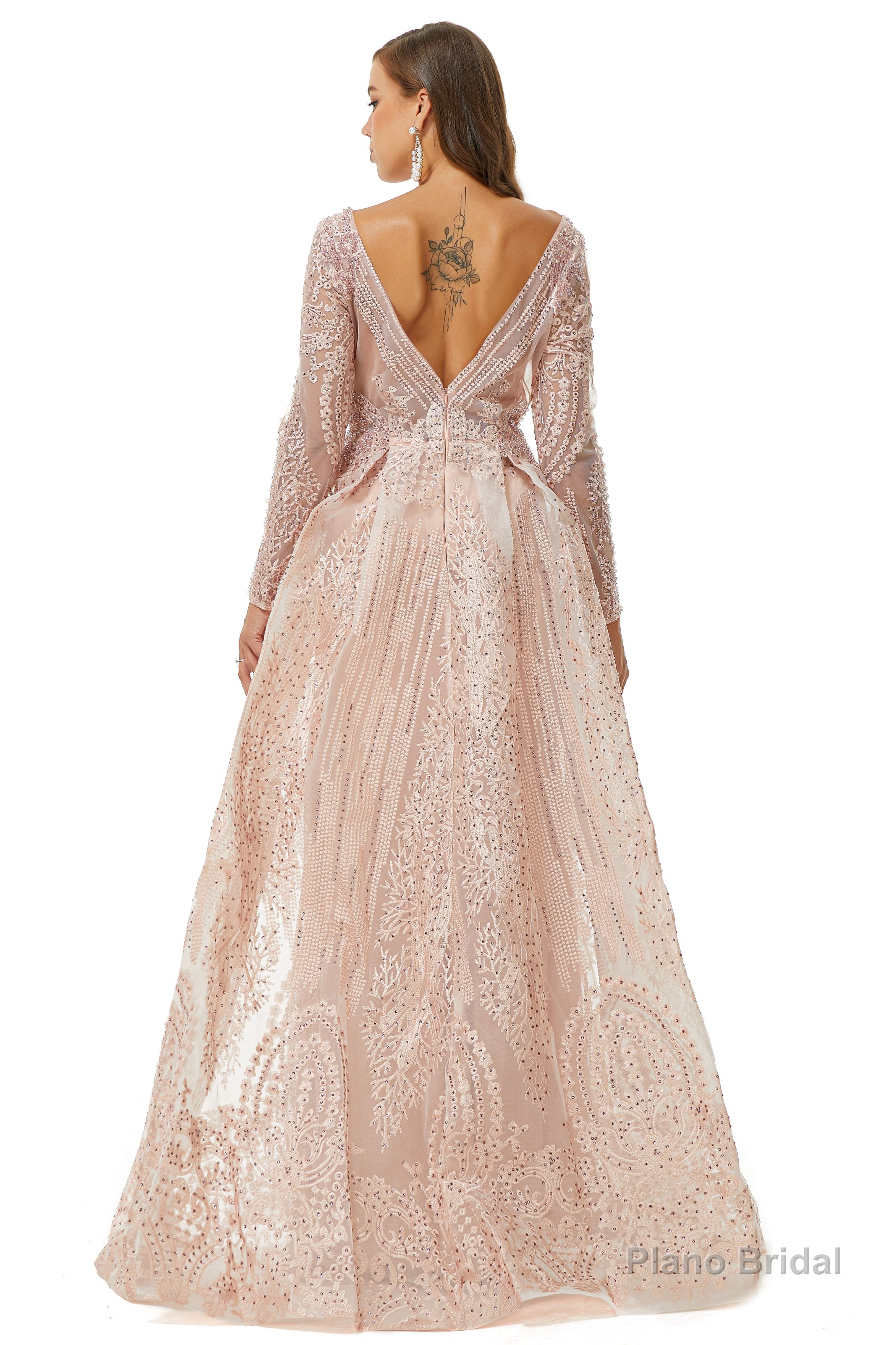 Champange Sparkle Beaded Long Sleeves Prom Dresses