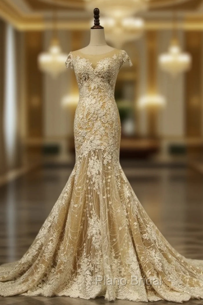 Champange Tulle Mermaid Sequins Lace Appliques Cap Sleeve Wedding Dresses Main image