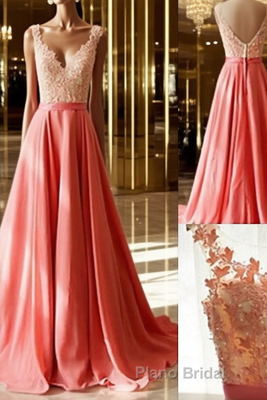 Charming A-Line Appliques V-Neck Lace Long Formal Prom Dresses, Long Formal Dresses