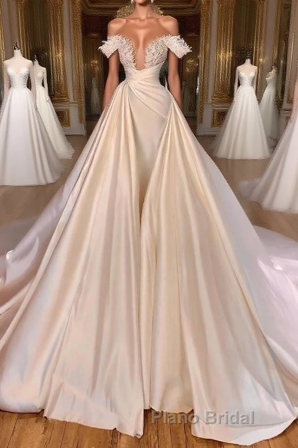 Charming A-Line Off-the-shoulder Cathedral V-Neck Long Wedding Dress