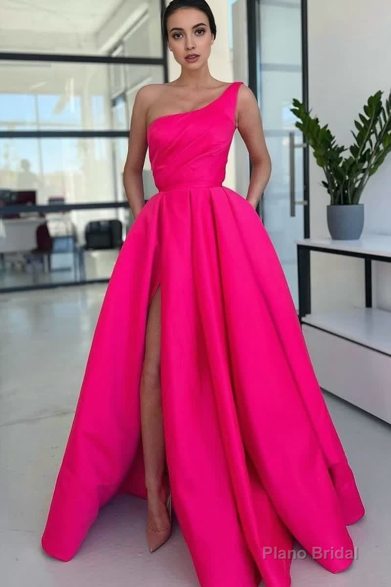 Charming A Line One Shoulder Fuchsia Sequins Long Prom Dresses with Slit Main image