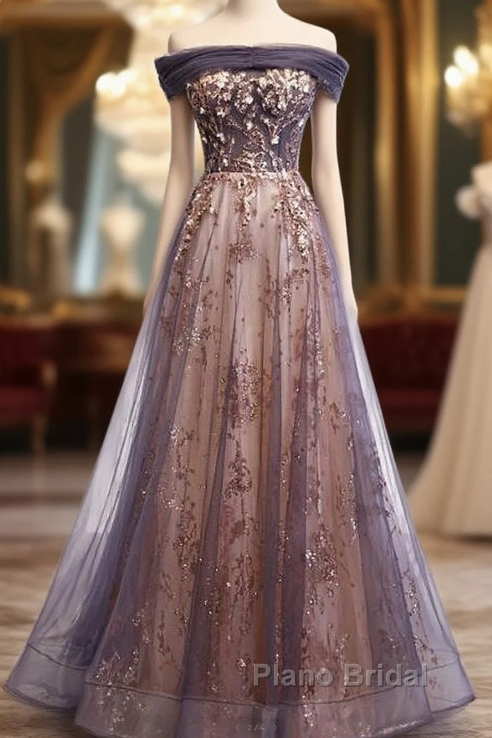 Charming A-Line Tulle Long Off Shoulder Party Dresses, Formal Prom Dresses Main image