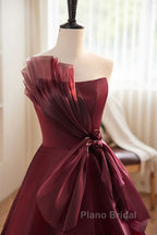 Charming And Elegant Wine Red Sleeveless Off Shoulder Ball Dresses, Wine Red A-Shaped Princess Strapless Butterfly Tie With Backless Strap And Ground Length Formal Prom Dresses