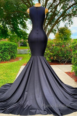 Charming Black Long Mermadi Jewel Satin Tulle Lace Appliques Formal Prom Dress