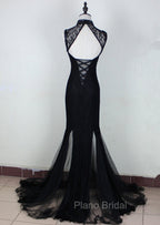 Charming Black Mermaid Backless Long Evening Dresses, High Neckline Formal Prom Dresses
