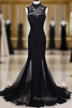 Charming Black Mermaid Backless Long Evening Dresses, High Neckline Formal Prom Dresses