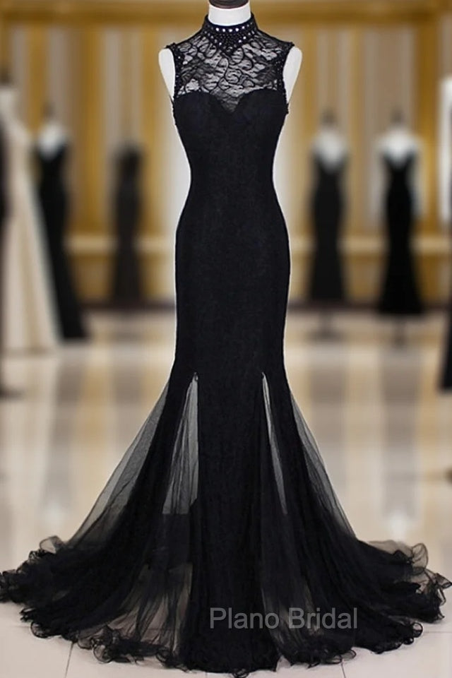 Charming Black Mermaid Backless Long Evening Dresses, High Neckline Formal Prom Dresses