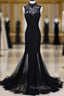 Charming Black Mermaid Backless Long Evening Dresses, High Neckline Formal Prom Dresses