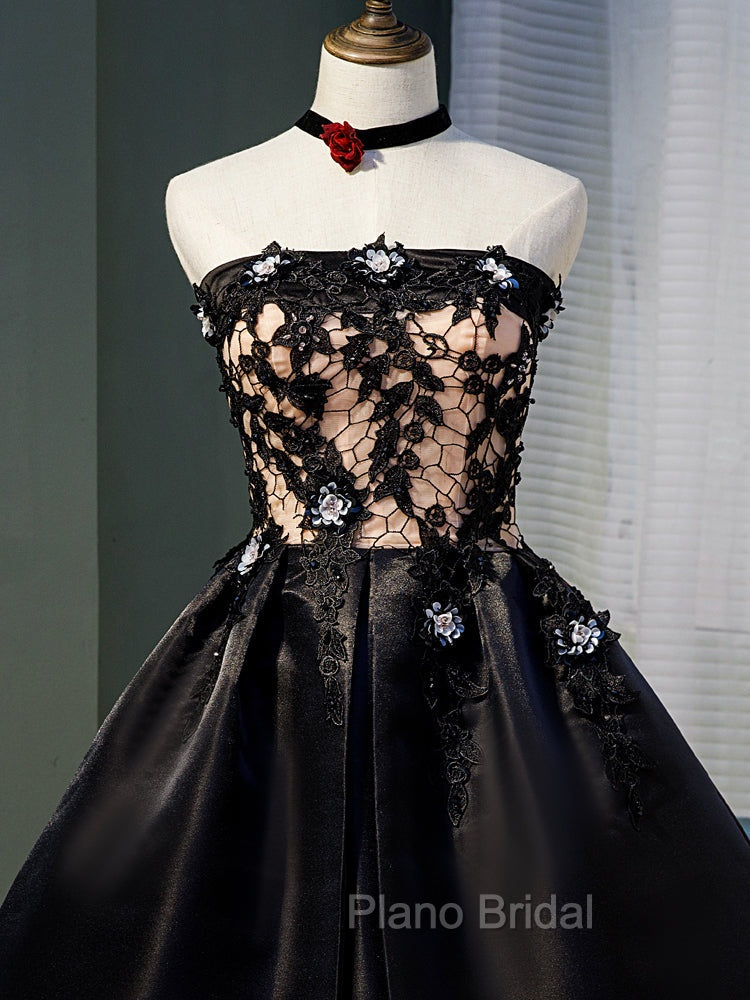 Charming Black Satin with Lace Applique Homecoming Dresses, Knee Length Formal Prom Dresses Secondary image