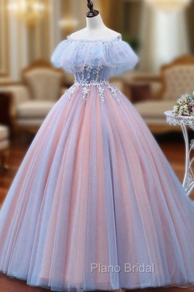 Charming Blue and Pink Tulle Off Shoulder Sweet 16 Dresses with Lace, Ball Gown Formal Dresses