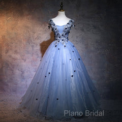 Charming Blue Ball Gown Lace Long Formal Dresses, Blue Tulle Sweet 16 Dresses With Flowers