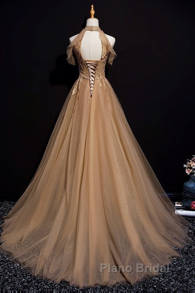 Charming Champagne Tulle Halter Long Party Gown, Formal Prom Dresses