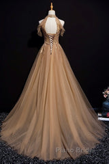 Charming Champagne Tulle Halter Long Party Gown, Formal Prom Dresses