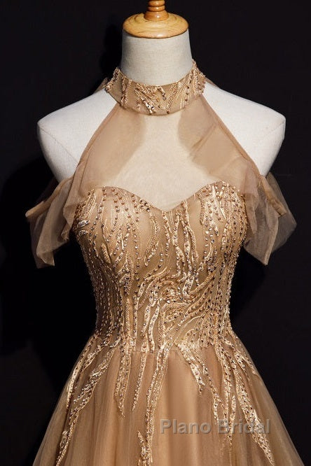 Charming Champagne Tulle Halter Long Party Gown, Formal Prom Dresses