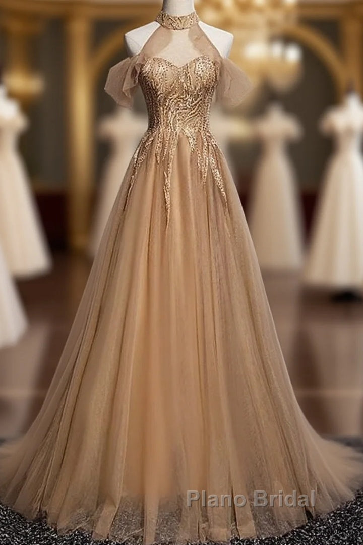 Charming Champagne Tulle Halter Long Party Gown, Formal Prom Dresses Main image