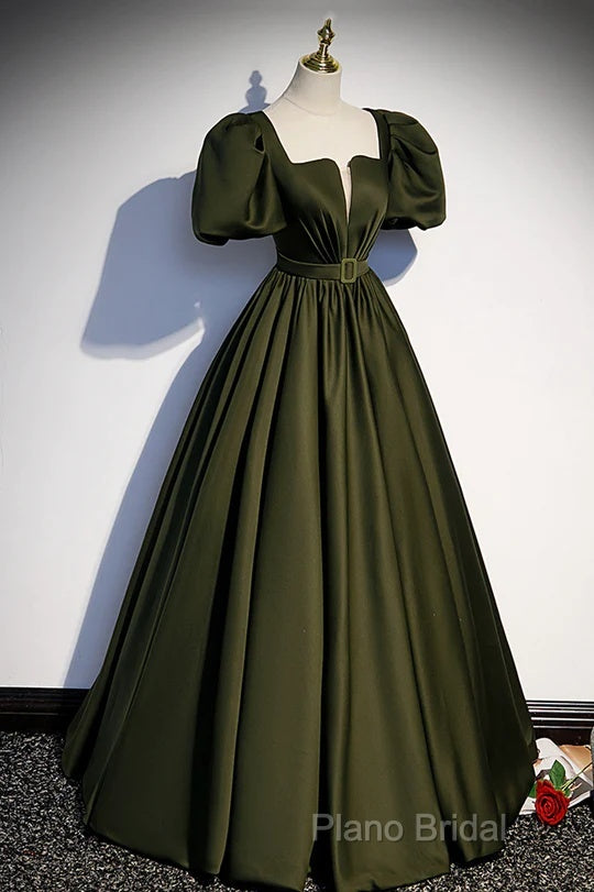 Charming Dark Green Puffy Sleeves Long Formal Gown, Satin Floor Length Formal Prom Dresses Secondary image