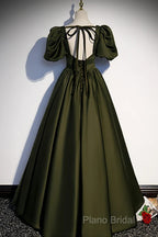 Charming Dark Green Puffy Sleeves Long Formal Gown, Satin Floor Length Formal Prom Dresses